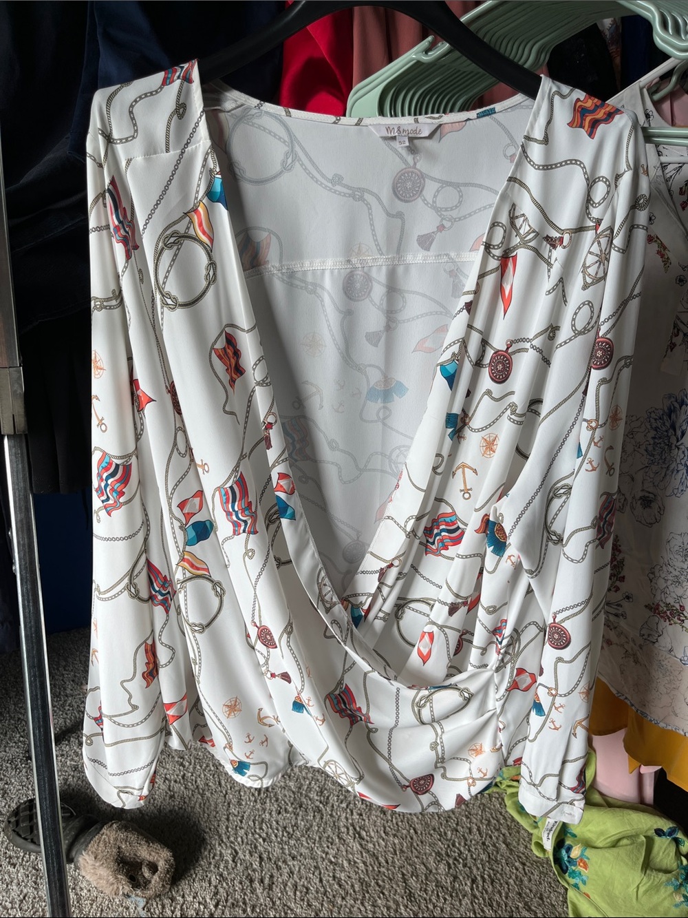 MS Mode - White Draped V-Neck Chain & Nautical Print Blouse